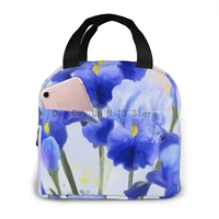 watercolor blue iris lunch food box bag fashion insulated thermal food picnic lunch bag for women kids men cooler tote bag
