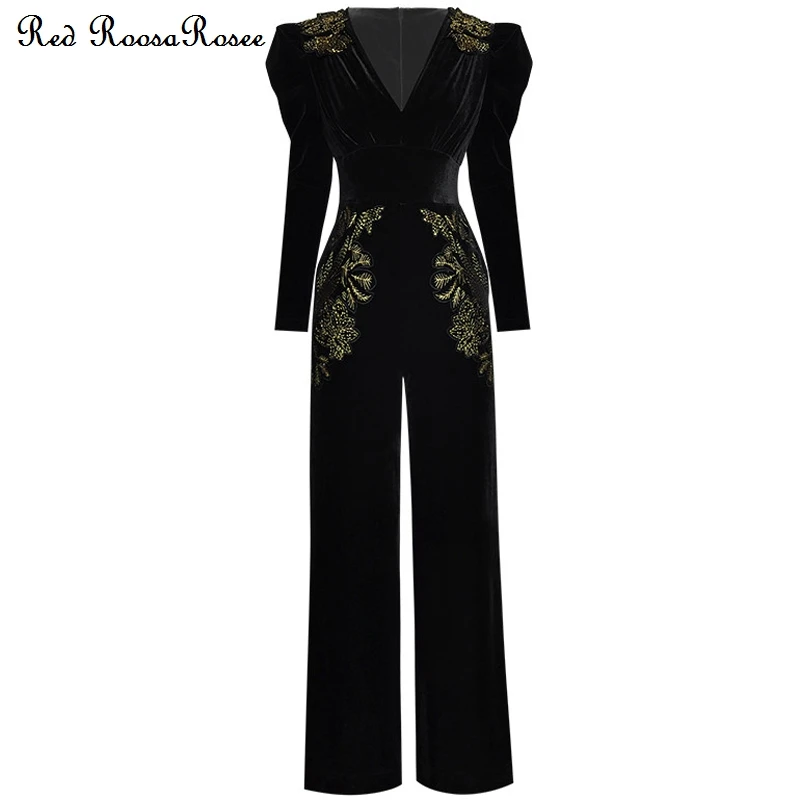 

Red RoosaRosee Luxury Golden Thread Embroidery Long Sleeve Elegant Jumpsuit V-neck Black Straight Velvet Jumpsuits 2022 Autumn