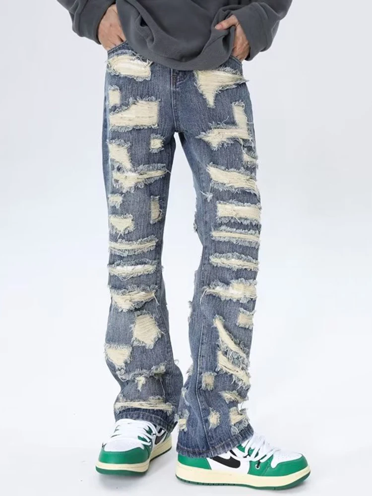 Vintage Ripped Men's Jeans with Baggy Loose Fit and Streetwear Style Hip Hop Style Men's Loose Baggy Jeans
