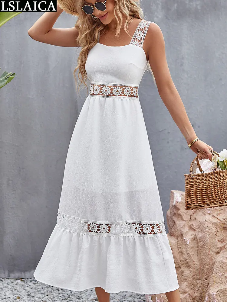 

Hollow Out Maxi Dresses For Women Summer 2023 Lace Splic Sexy Suspender Solid Color Sleeveless White Dress Woman Trendy Womens