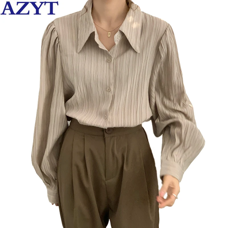

AZYT Korean Loose Solid Women's Shirt Casual Turn Down Collar Elegant Lady Blouse 2022 Spring Autumn blusas mujer tops