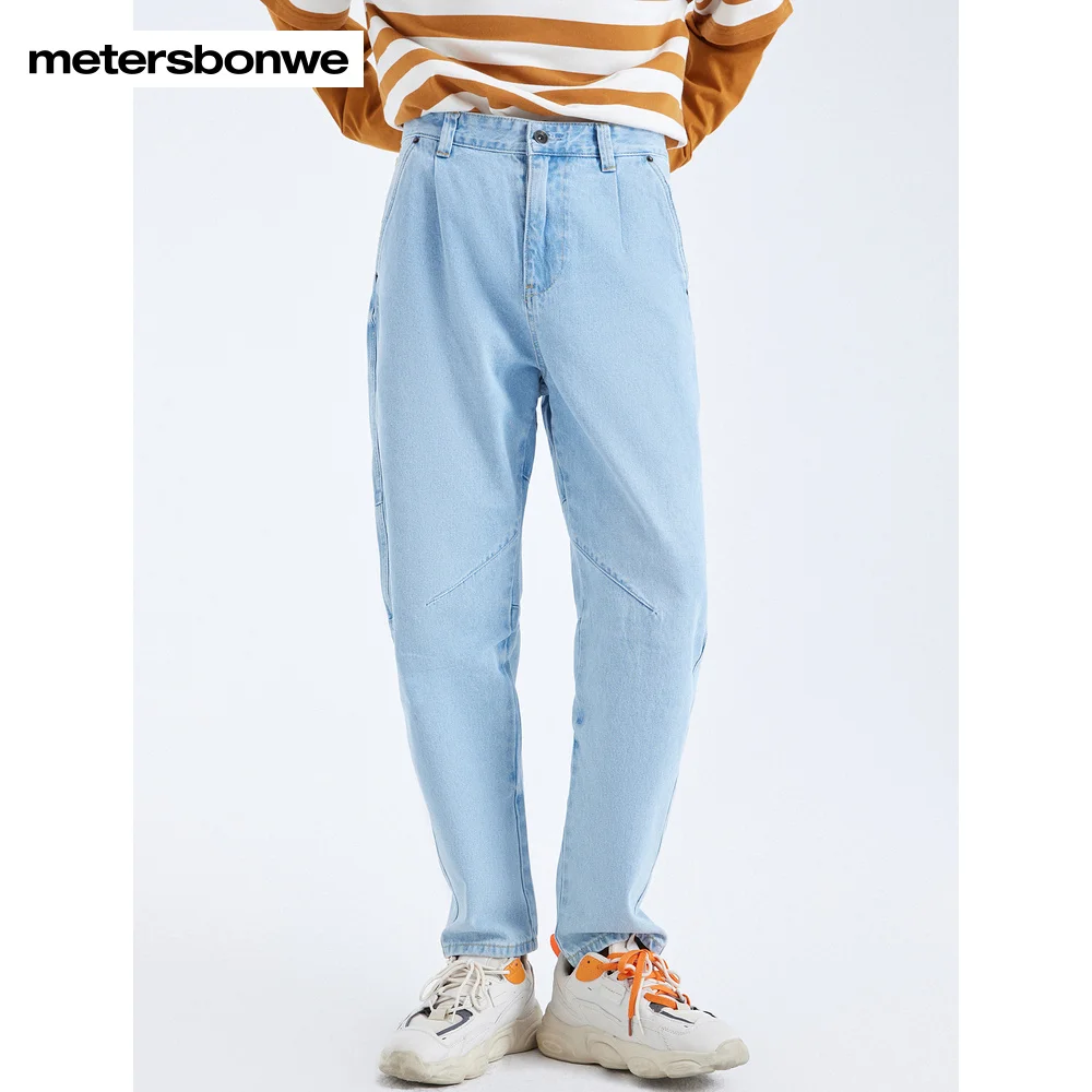 Metersbonwe Spring Jeans For Men Light Bule Pure Cotton Loose Denim Trousers Casual High Quality Peg Top Jeans