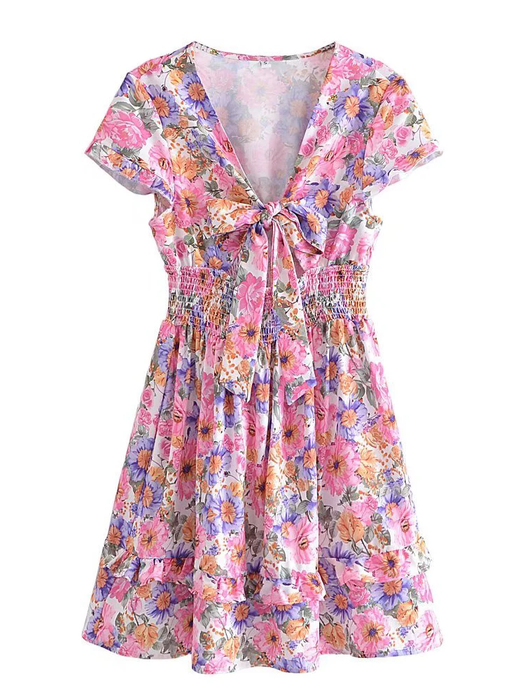 

Женское платье с цветочным принтом, разноцветное ажурное платье в стиле бохо с бантом и V-образным вырезом, короткое платье с поясом на резин...