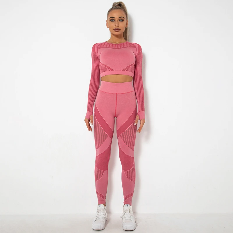 Gym Set Women Long Sleeve Crop Top Sportswear Tights Pants Yoga Set Sports Leggings Fitness Suit Workout Summer Tracksuit Female
