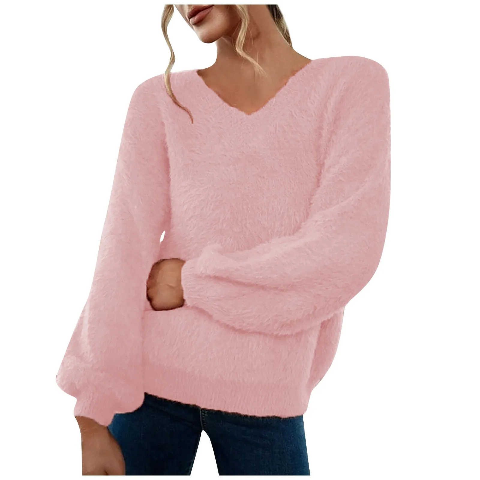 

Женский осенне-зимний облегающий пуловер, свитер, однотонный вязаный свитер из норковой шерсти с V-образным вырезом, Свитер оверсайз