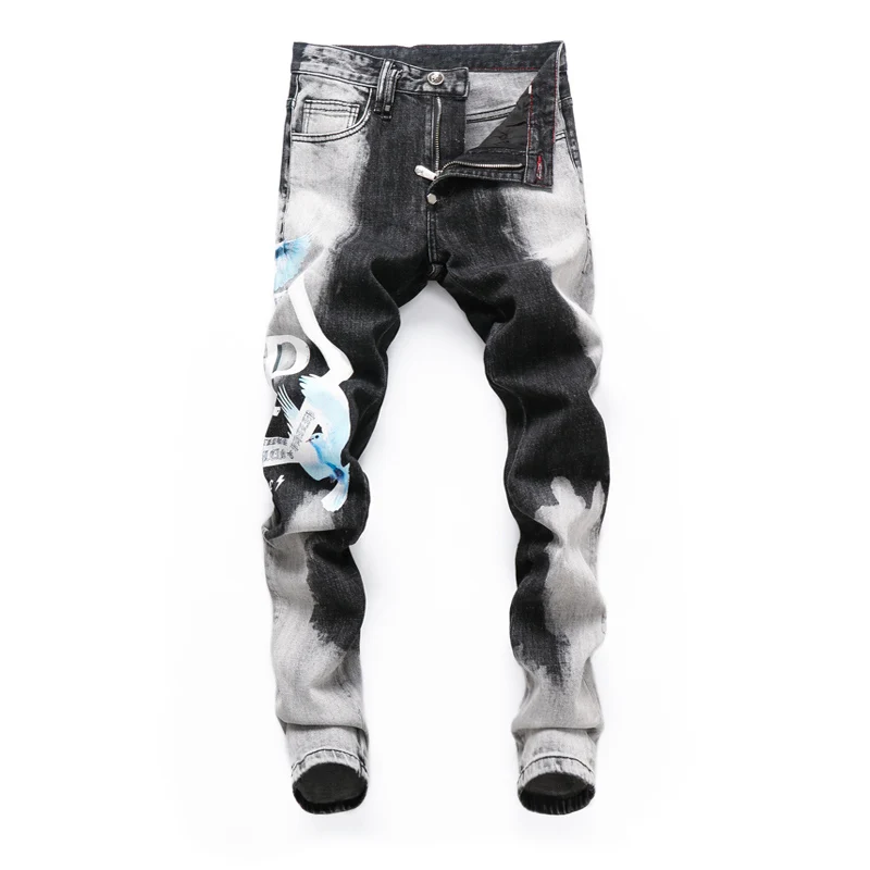 Street Fashion Men Jeans High Quality Retro Black Gray Elastic Slim Fit Printed Jeans Men Brand Designer Hip Hop Pants Hombre