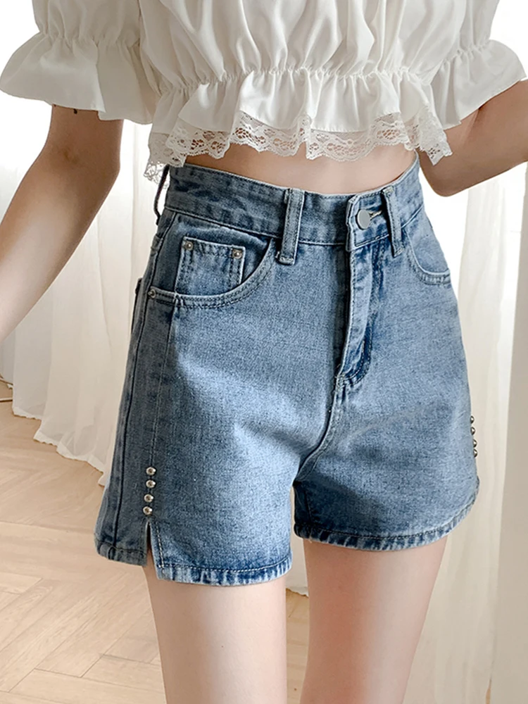 Spring Summer Women High Waist Wide Leg Retro Blue Denim Shorts Streetwear Female Button Rivet Jeans Shorts Bottoms