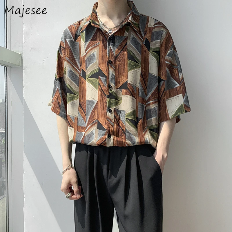 

Shirts Men Summer Print High Street Hip Hop Casual Camisa Cozy Handsome Male Ins All-match European Style Trendy Ulzzang Clothes