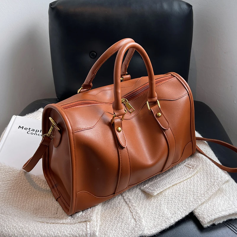 

Брендовая дизайнерская женская сумка Boston, повседневная женская сумка-тоут через плечо из искусственной кожи, вместительная коричневая дорожная сумка для спортзала