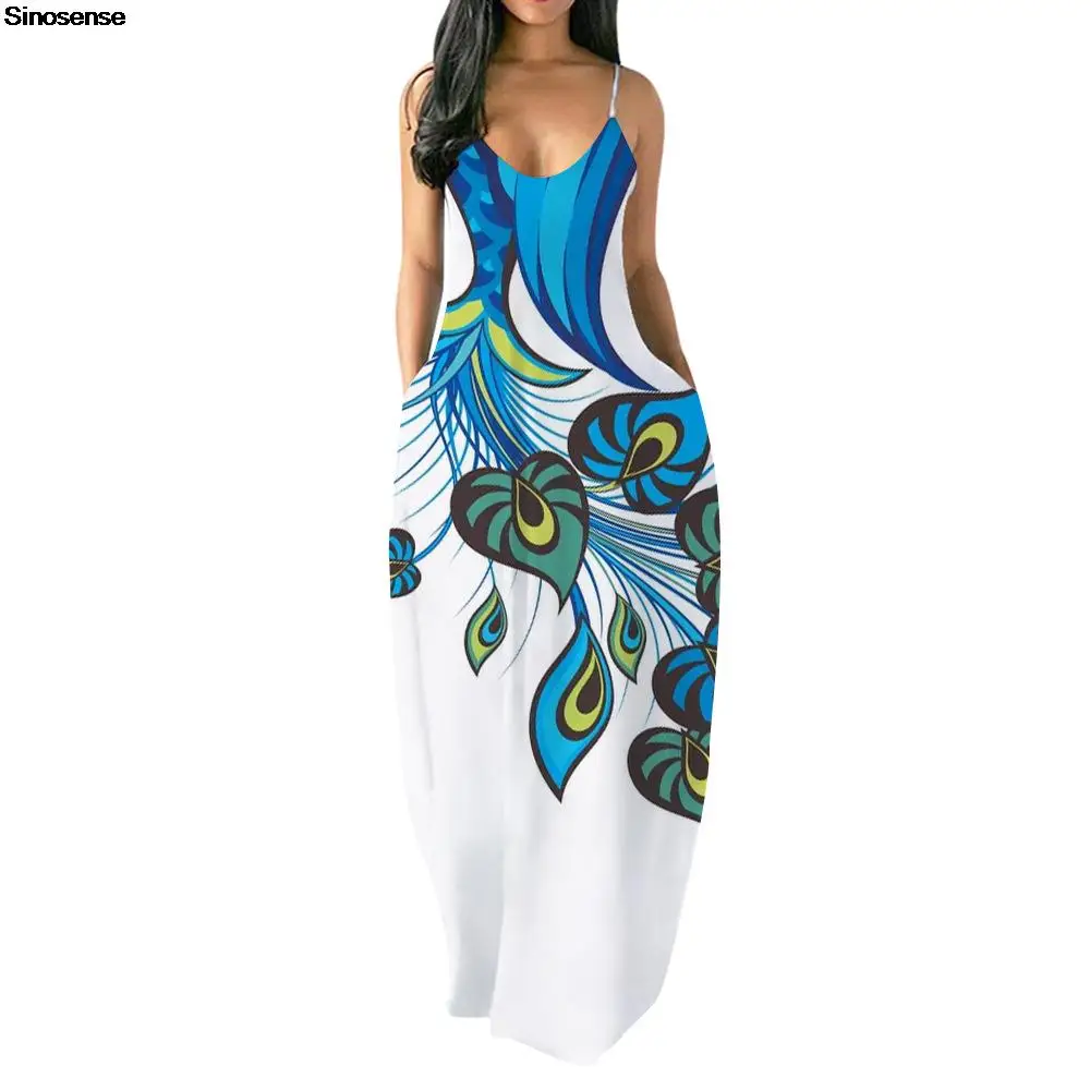 

Women's Peacock Feather Print Summer A Line Loose Dress Casual Sleeveless V Neck Beach Cover Up Long Cami Maxi Dress With Pocket
