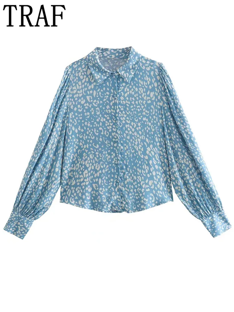 

TRAF 2022 Women Blouse Animal Print Button Up Shirt Woman Vintage Long Sleeve Top Female Collared Casual Blouses and Shirts