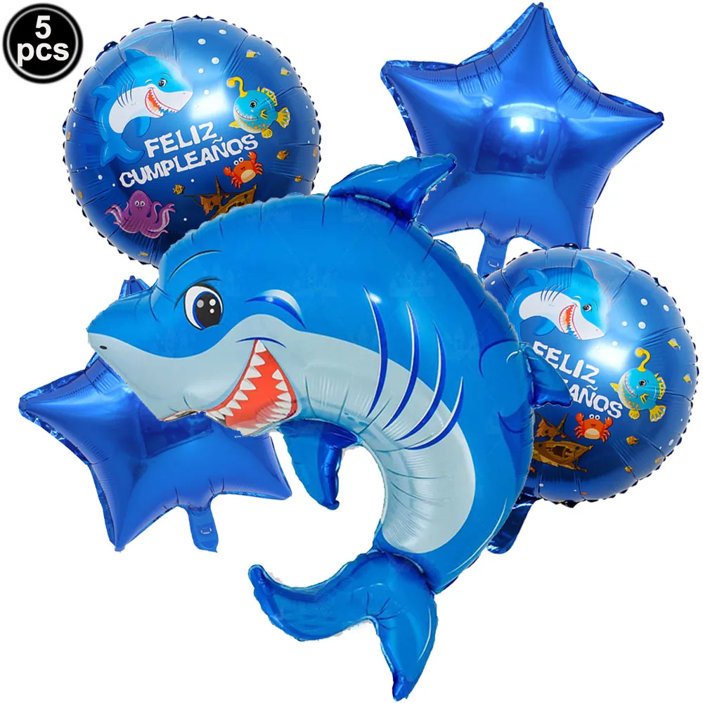 

5pc Large Shark Foil Balloon Shark Themed Birthday Party Sea Animal Balloon Happy Birthday Balloon for Under The Sea Party Decor