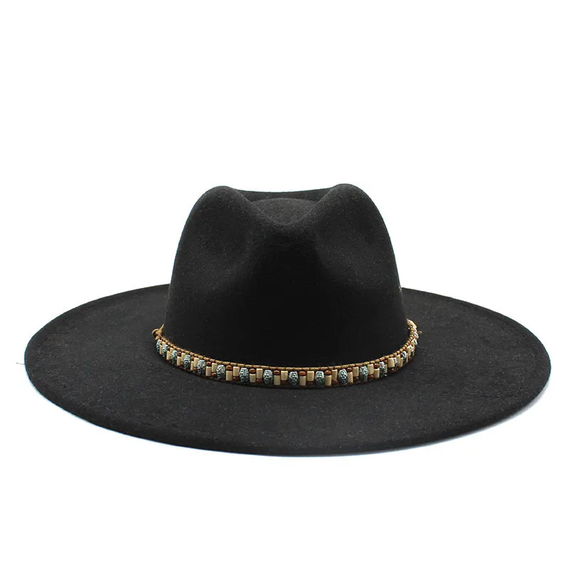 

vintage 2022 Women's hat felt chapel beach Men's panama fedoras wide brim hats with chain elegant fascinator black Jazz Hat new