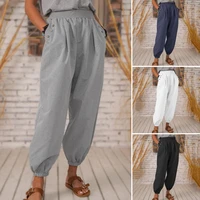 buttons decor slant pockets mid rise lady pants women solid color elastic waist bloomers trousers streetwear