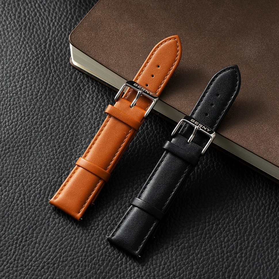 BERNY 100% Genuine Leather Watchbands 14/16/18/20/22mm Pin Grain Watch Strap Hygrosscopic and Breathable High Quality Watchbands