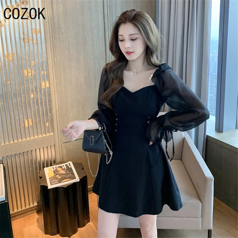 

Ladies Solid Color Tie Waist Short Dress, Square Neck Retro Long Sleeve Mesh Long Sleeve Dress, Sexy Cute Date Dress