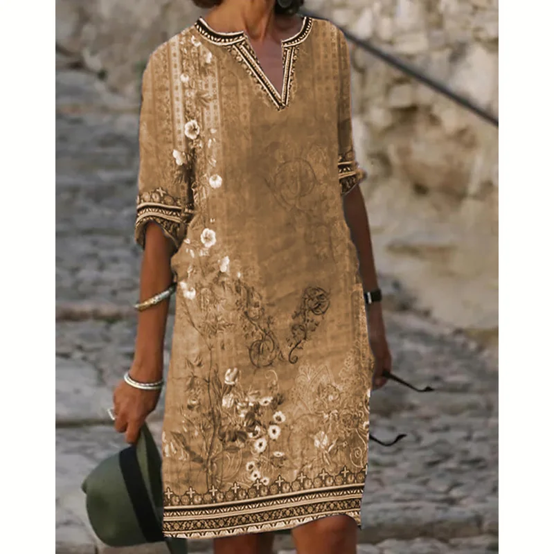 

Women Dress Summer Fashion Ethnic Style Print V Neck HalfSleeve Casual Midi Dresses