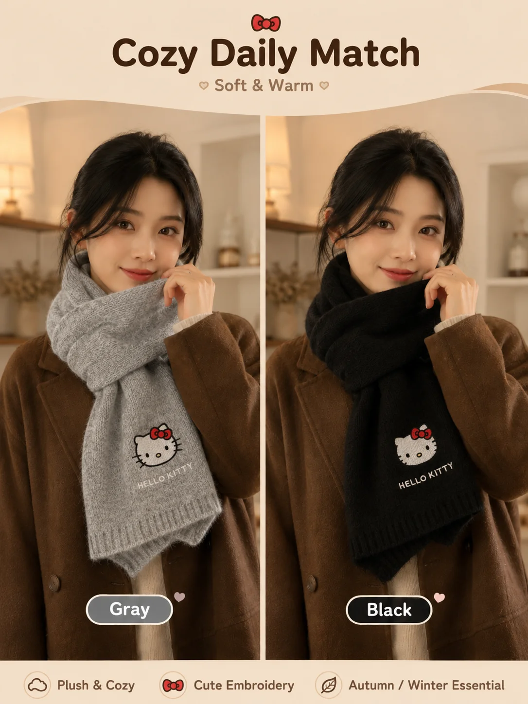 Фото Модный популярный новый мягкий вязаный шарф Sanrio Hello для осени и зимы, теплый шейный шарф для повседневных поездок, школы, путешествий, активного отдыха, подарок для девочек. №3