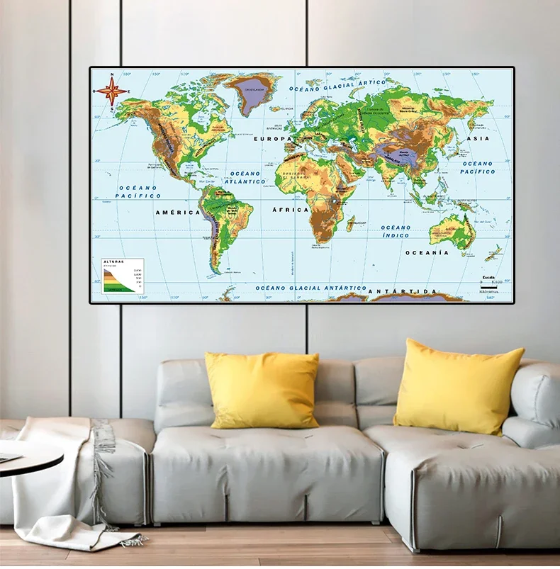 Нетканая Картина на холсте с изображением карты мира 150*100 см испанском языке