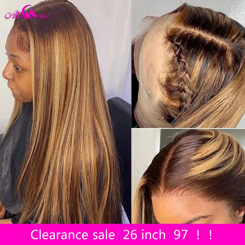

Clearance Sale Highlight Colored Lace Part Human Hair Wigs Transparent Lace Straight Wig For Women 13x1 Lace Part Human Hair Wig