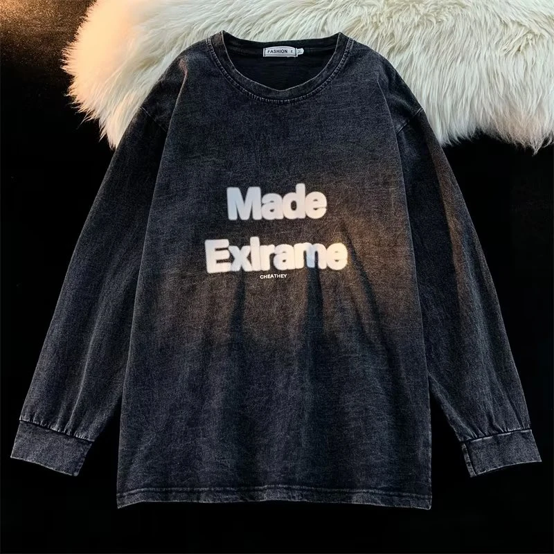 

High Street Vintage Retro Wash Do Old Letter Printed Sweatshirt Men Women Casual Clothes