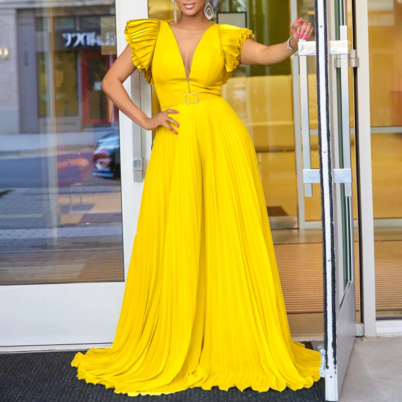 2023 New Fashion Women Summer Full Length Jumpsuits Ruffle Sleeve Plunge V-neck Wide Leg Jumpsuits With Belt
