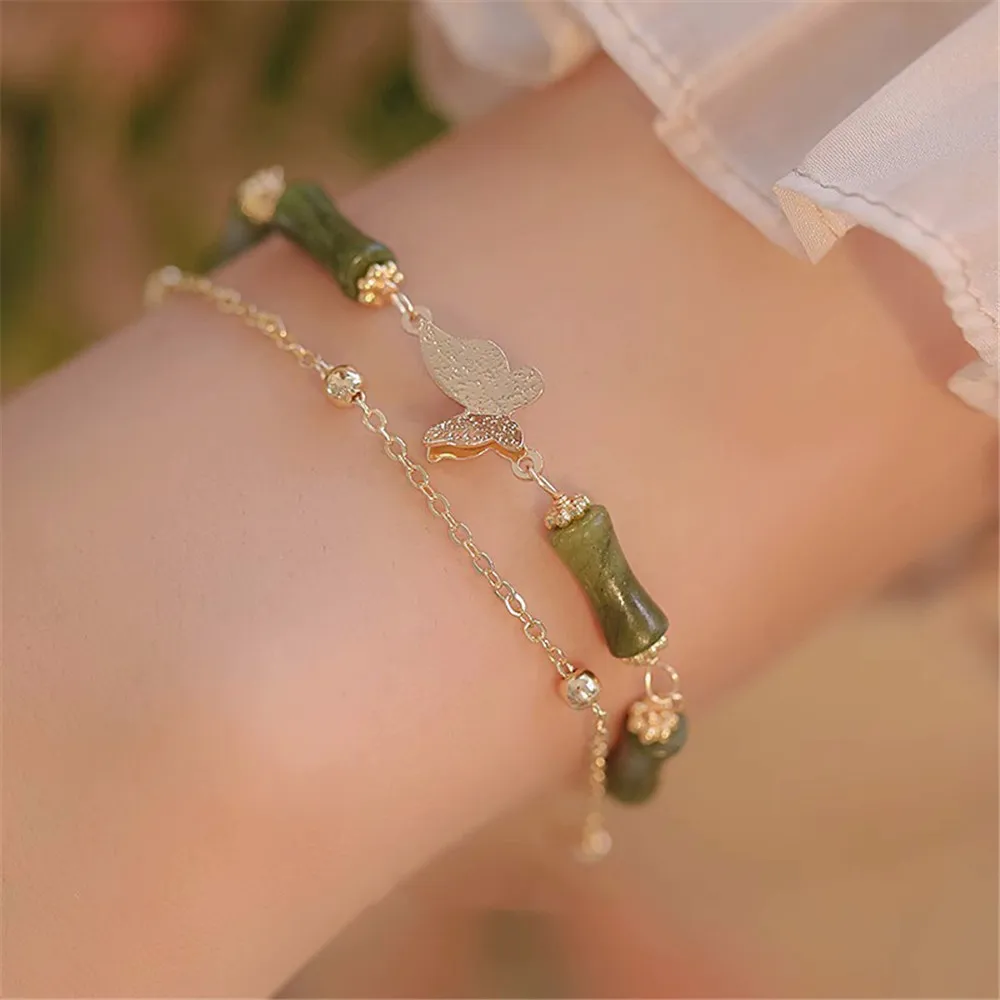 

Natural Olive Jade Bamboo Shape Double-Layer Bracelet Female Butterfly New Chinese Style Niche Design Romantic Fine Jewelry Gift