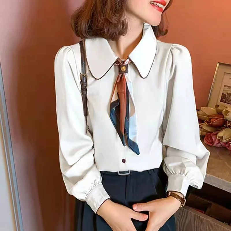 

2022 Spring Elegant Chiffon Top Bottoming Shirt Scarf Bow Tie Long Sleeve Shirt Blouse Women Elegant Satin White Shirt Women