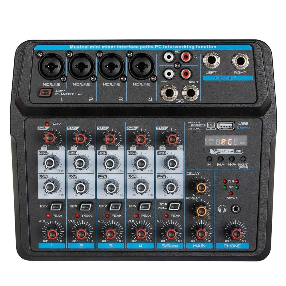 

NEW-Six-Way DJ Mixer Audio Mixer Live Recording Music Mixer For Real-Time PC Recording (US Plug)