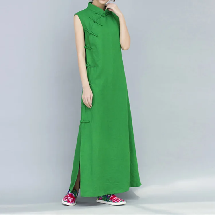Women Lady Chinese Style Cheongsam Dress Qi Pao Linen Sleeveless Collared Slim Long Elegant