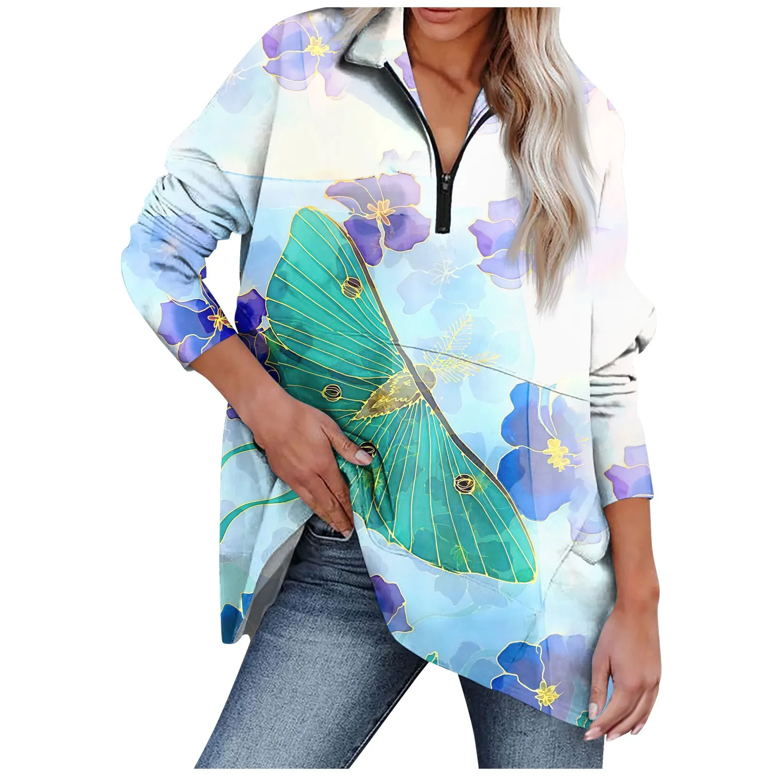 

Топ женский с принтом бабочек, Повседневная Свободная кофта на молнии, пуловер с длинным рукавом, уличная одежда, осень