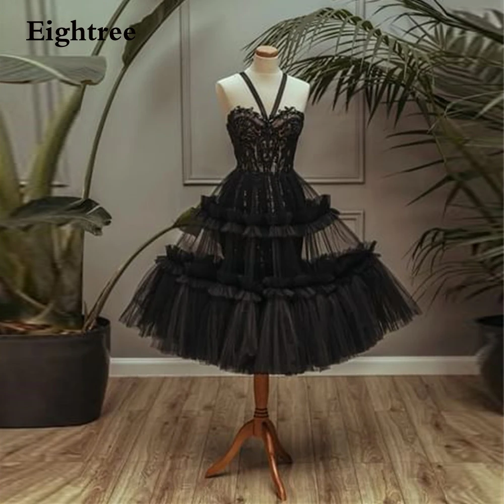 

Eightree Black Modern Prom Dresses Lace Appliques O Neck Tea Length Tiered Ruffles Halter Short Party Grown Robe De Soirée 2023