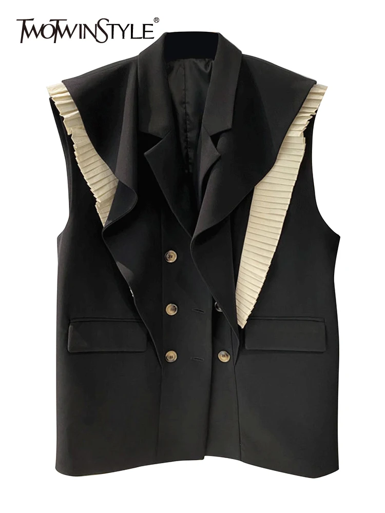 

TWOTWINSTYLE Korean Fashion Double Breasted Vest For Women Lapel Sleeveless Patchwork Colorblock Vests Female Clothing New Style