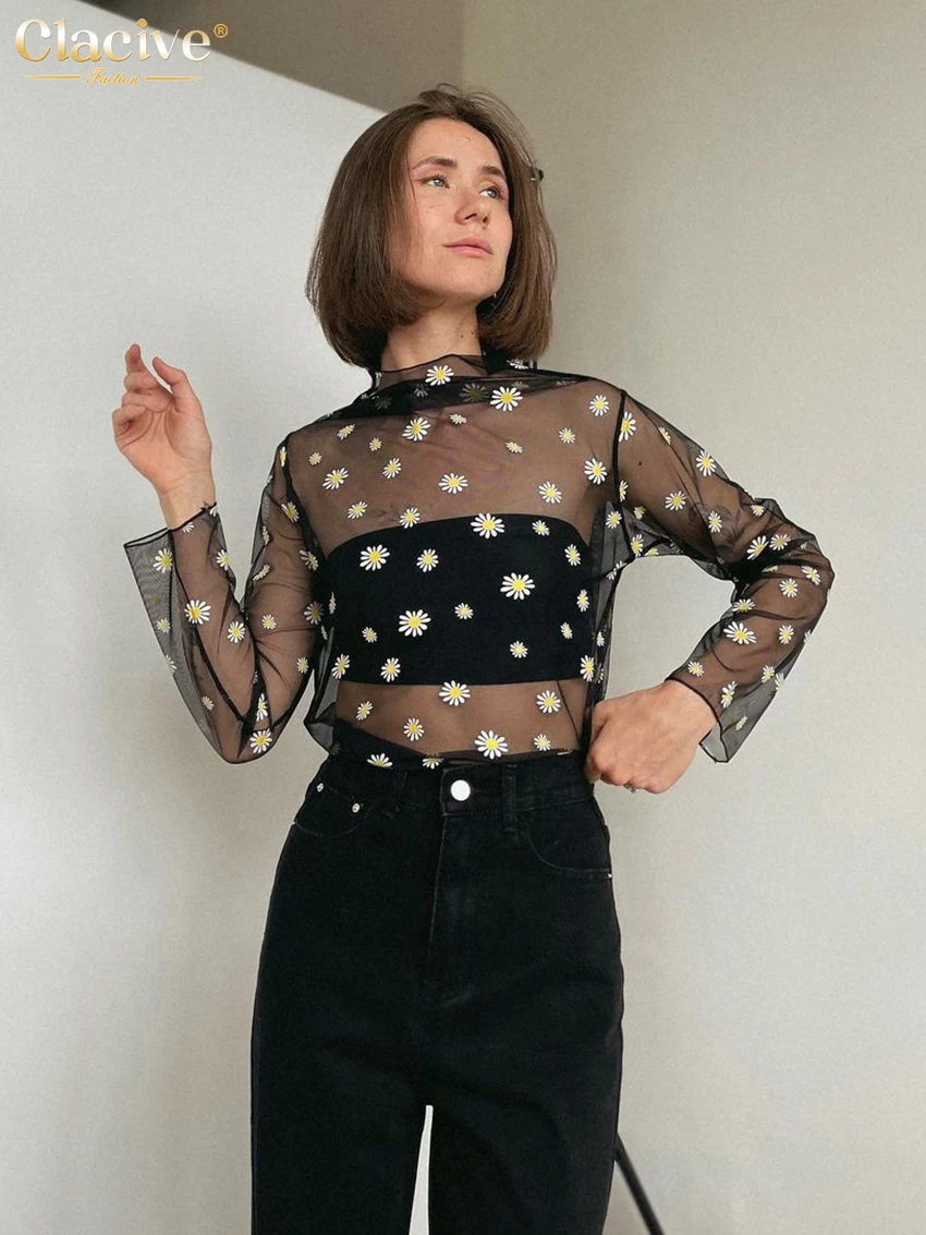

Clacive Sexy Slim Mesh Print Women'S T-Shirt 2023 Bodycon O-Neck Long Sleeve T Shirts Fashion See Through Tops Female Clothing