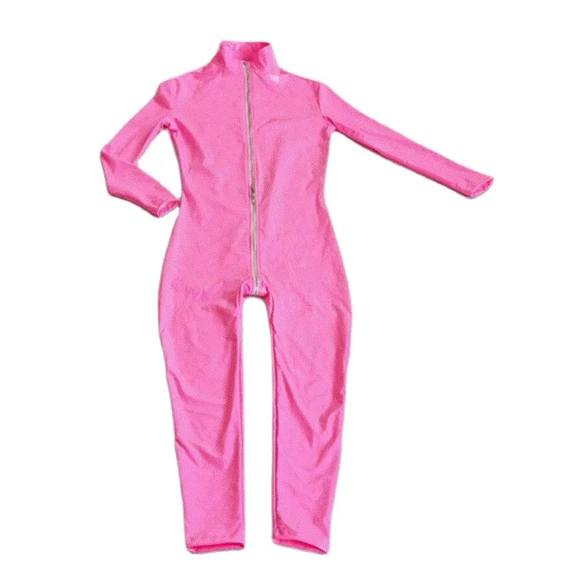 

Woman PU Leather Shiny Jumpsuit High Collar Catsuit Zip Open Crotch Bodysuit Pink PVC Motorcycle Sexy Lingerie Cosplay Leotard