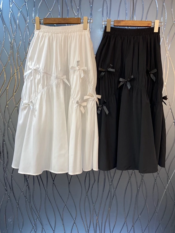 

2022 new women fashion sexy elastic waist bow pleated casual long skirt skirt 614