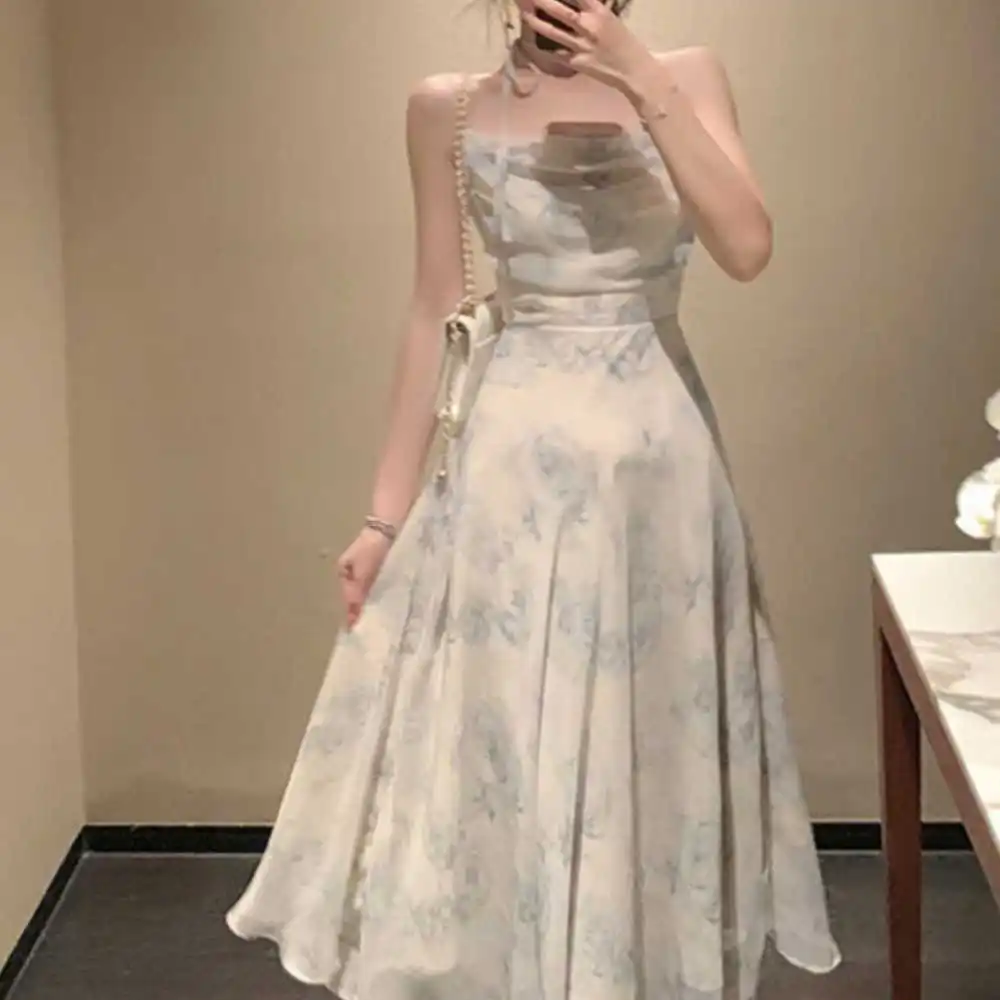 

Женское шифоновое платье миди на бретельках, элегантное винтажное Повседневное платье с высокой талией, без рукавов, привлекательный дизай...