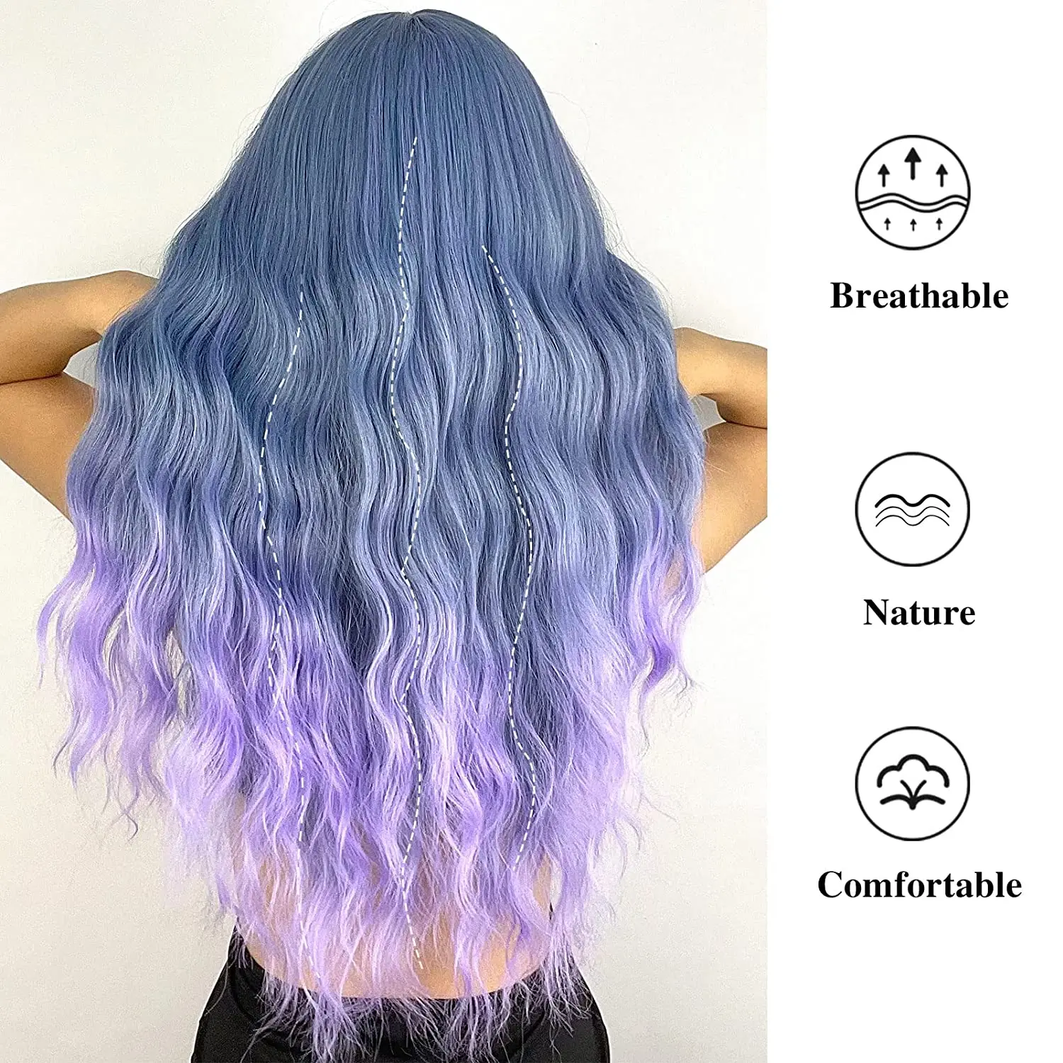 LOUIS FERRE Long Wavy Wigs Synthetic Wigs Ombre Blue Purple Wig with Bangs High Temperature Fiber for Black Women Heat Resistant