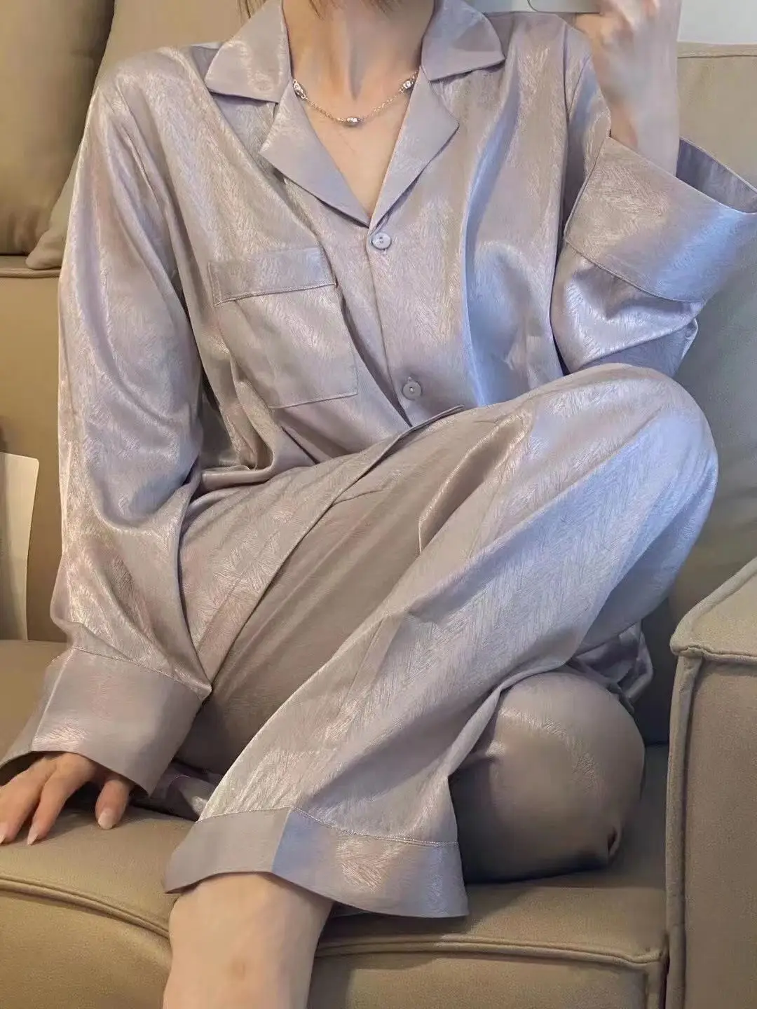 1 Ice Silk Pajamas Women Spring and Autumn Long Sleeve Thin Relaxed Simple Homewear Women Silk Outwear Set Summer