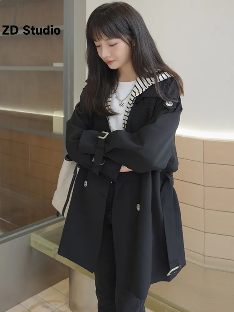 

[ZD Studio] Patchwork Trench Coat Striped Hooded Double Breasted Belt Windbreaker Casual 2023 Autumn New Clothing
