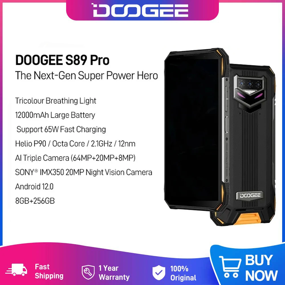 World Premiere DOOGEE S89 Pro Rugged Phone 12000mAh Large Battery Smartphone Helio P90 64MP Camera Phone 8GB+256GB NFC Phone 65W