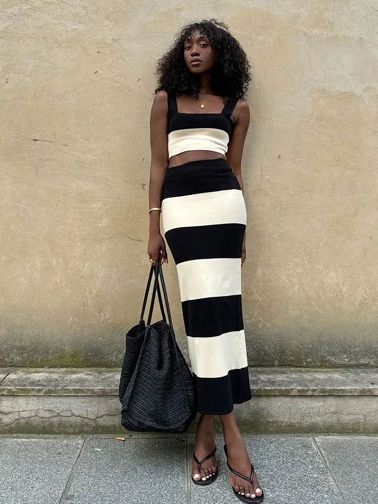 Черный/белый вязаный полосатый комплект 2024 модный праздничный повседневный юбка