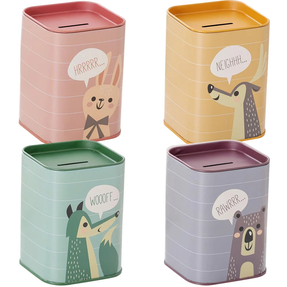 

4 Pcs Tinplate Piggy Bank Decorative Coin Gift Metal Container Desktop Cartoon Pattern Square Stand Simple Saving Jar Kids