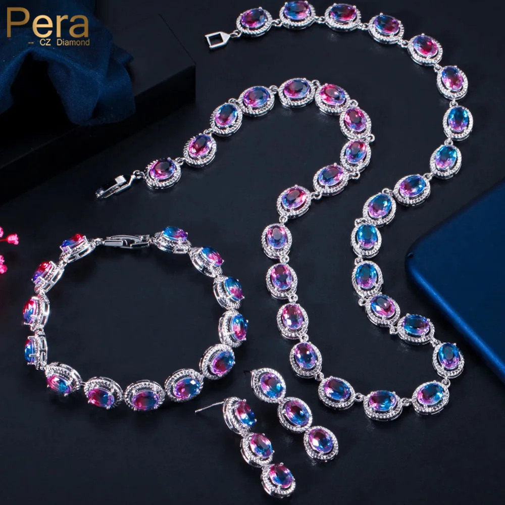 

Pera Shiny Ranibow Oval CZ Crystal 3Pcs Choker Jewelry Sets for Women Necklace and Earring Bracelet Wedding Bridal Jewellry J432