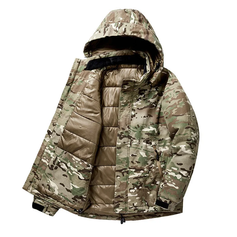 Military Outdoor Camouflage Pure Cotton Washed Hooded Padded Jacket Mid-Length Multi-Pocket Cotton-Padded Coat