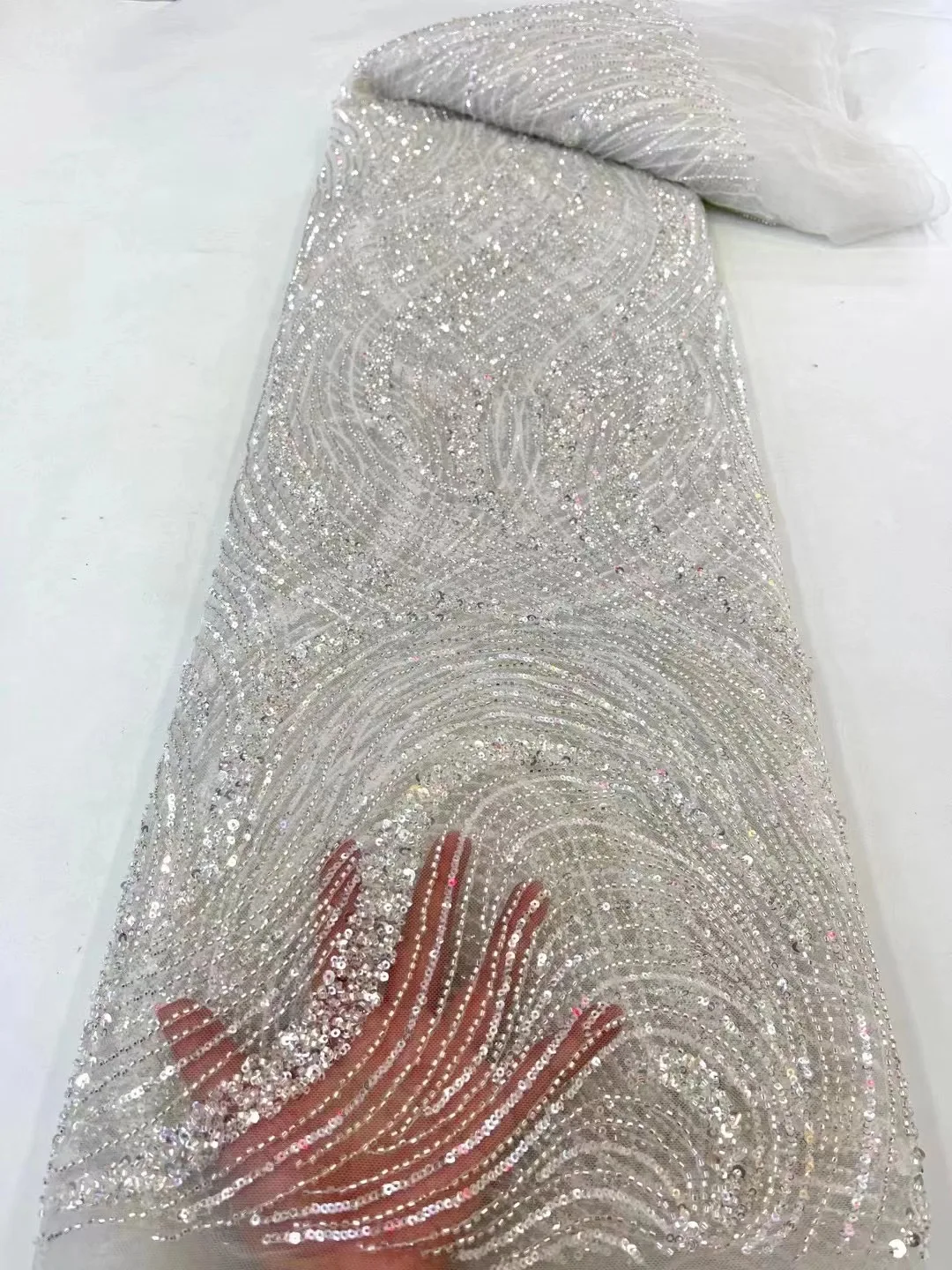 

African Handmade Beads Laces Fabrics Luxury Nigerian Sequins Mesh Lace Fabric French Tulle Lace Bridal Material For Wedding