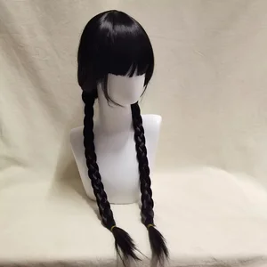 Imported Wednesday Addams Cosplay Wig Long Black Braids Hair Heat Resistant Synthetic Wigs with Bangs for Hal