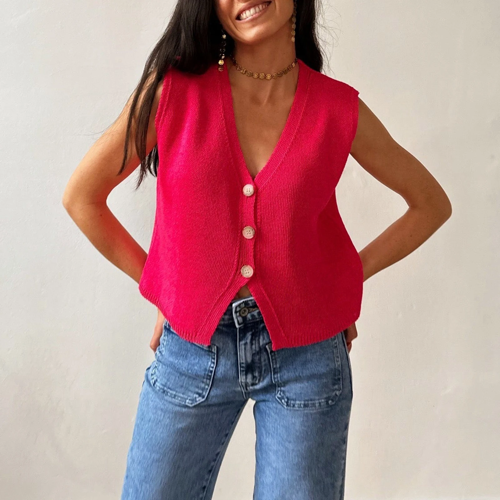 Hirigin женский вязаный жилет на пуговицах Y2k повседневный свободный крой без