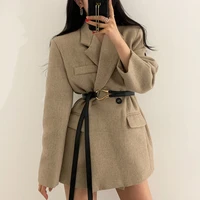 long sleeve thick turn down collar double breasted minimalist korean ladies jacket women autumn winter short coat with belt