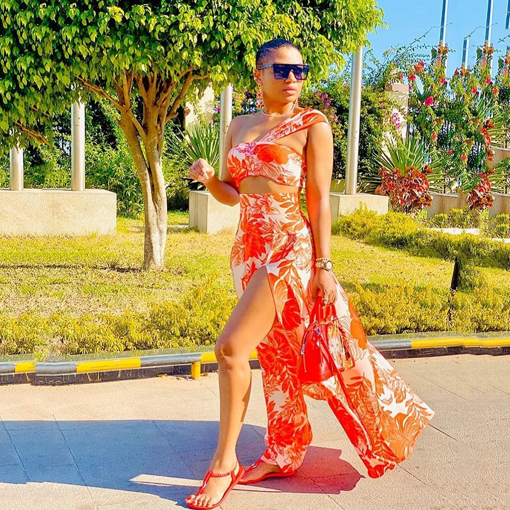 

Dresses For Women 2022 Elegant Sexy Strapless Slit Sleeveless Print Maxi Dress Summer Female Beach Party Club Robe